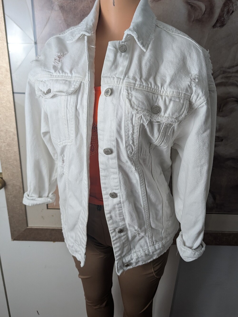 Zara White Distressed Denim Jacket - Women's Moto Size XS (Couple Faint Stains)